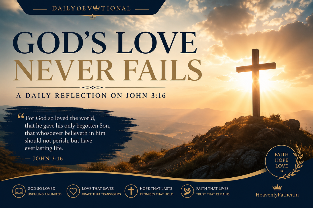 God’s love shining through the cross during sunrise, symbolizing hope, faith, peace, and the promise of John 3:16 daily devotional.