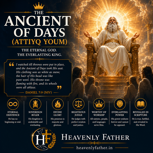 Attiyq Youm the Ancient of Days — seated on a flaming throne in Daniel's vision, eternal wisdom and sovereign judgment, Daniel 7:9
