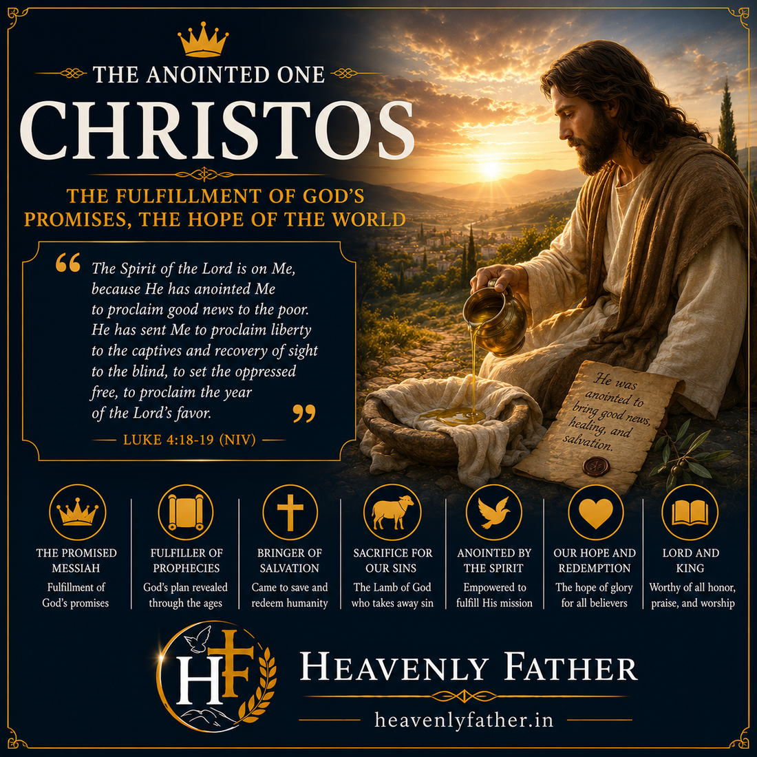 Christos the Anointed One — Jesus fulfilling Isaiah's messianic prophecy bringing salvation, freedom, and healing, Luke 4:18